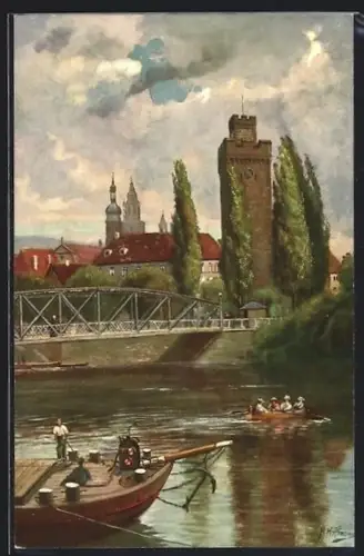 Künstler-AK Heilbronn, Partie am Neckar mit dem Götzenturm