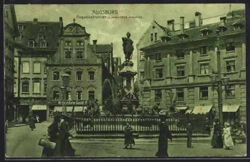 AK Augsburg, Augustusbrunnen mit Geschäften