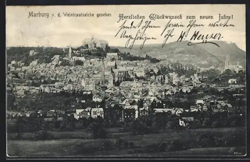 AK Marburg, Ortsansicht von der Weintrautseiche aus, Neujahrsgruss