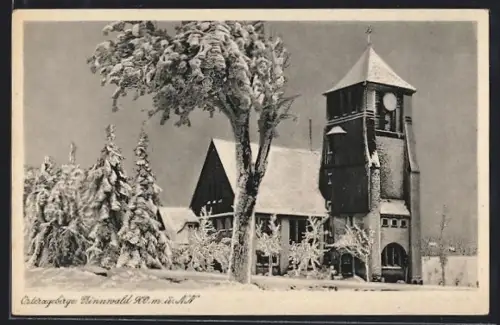 AK Zinnwald, Kirchenansicht im Winter