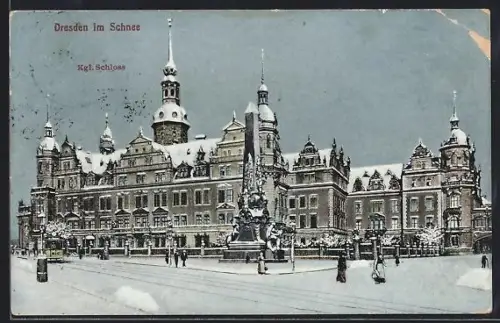 AK Dresden, Schloss und Obelisk im Winter
