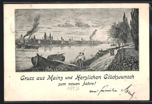 Künstler-AK Mainz, Stadtpanorama mit Booten, Treidelweg, Neujahrsgruss