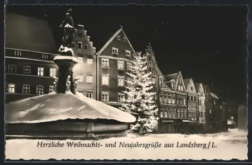 AK Landsberg /L., Illuminierte Ortspartie mit Christbaum, Weihnachts- u. Neujahrsgruss