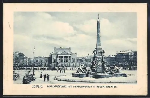 AK Leipzig, Augustusplatz mit Mendebrunnen u. neuem Theater, Winteransicht