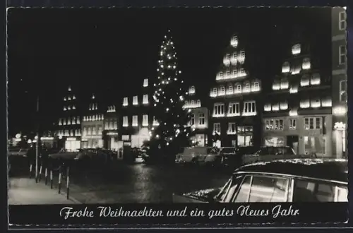 AK Lüneburg, Illuminierte Stadtpartie mit Christbaum, Weihnachts- u. Neujahrsgruss