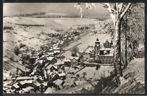 AK Lauscha, Ortsansicht im Winter mit der Evangelischen Stadtkirche