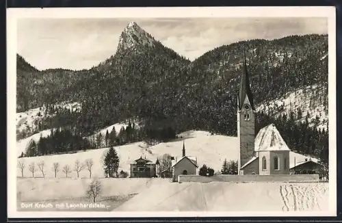 AK Kreuth, Kirche und Leonhardstein im Winter