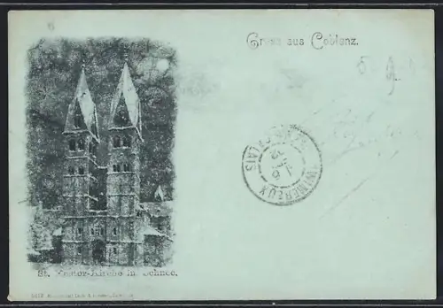 Mondschein-AK Coblenz, St. Kastor-Kirche im Schnee