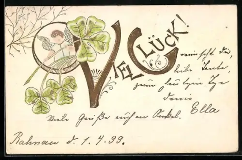 Präge-Lithographie Engel mit Glücksklee, Schriftzug Viel Glück