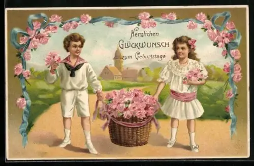 Präge-AK Kleines Paar mit Blumenkorb, Geburtstag