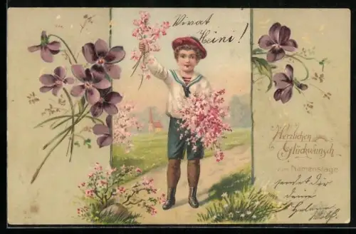 Präge-Lithographie Namenstag, Junge mit blühenden Zweigen auf einem Feldweg, Veilchen-Passepartout
