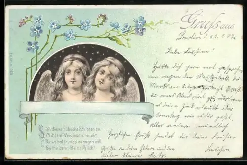 Lithographie Zwei Engel, Vergissmeinnicht, Aufforderung zum Schreiben