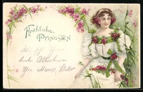 Lithographie Junges Mädchen und Blütenpracht, Pfingsten