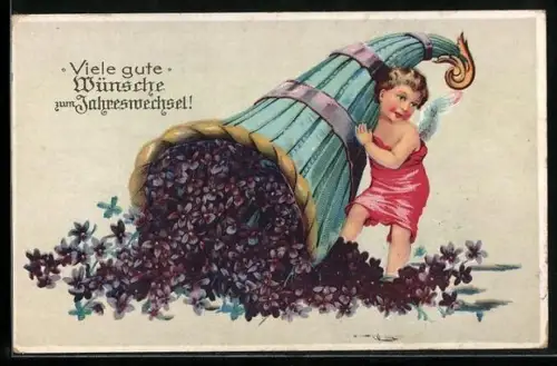 AK Neujahrsengel schüttet Blumen-Füllhorn aus