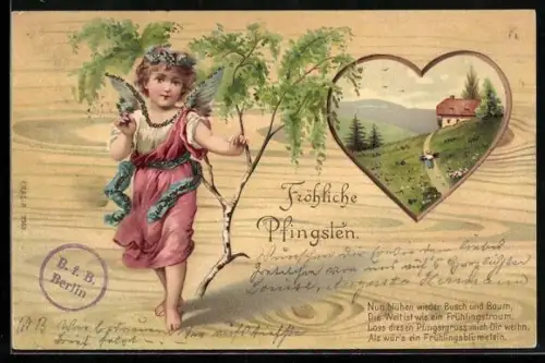 AK Engel mit Vergissmeinnicht und Birkenzweig, Frühlingslandschaft im Herz, Pfingsten