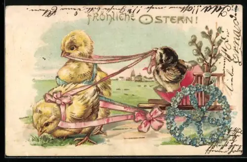 Lithographie Osterküken-Gespann