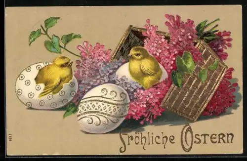 Präge-AK Osterküken und bemalte Eier mit Blumenkörbchen