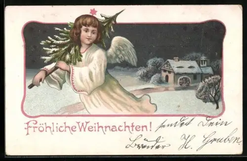 AK Weihnachtsengel mit Tannenbäumchen in der Luft über einem Haus