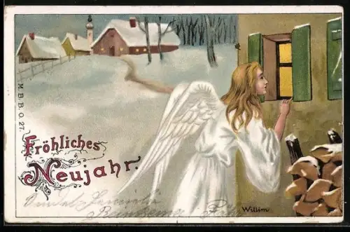 Lithographie Neujahrsengel sieht durch ein Fenster