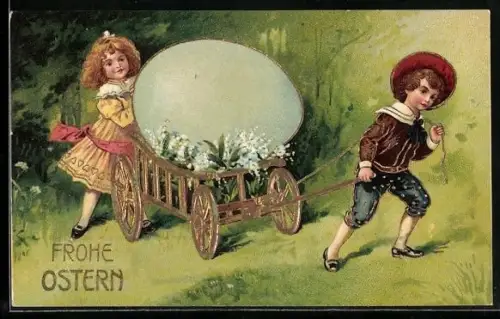 Präge-AK Zwei Kinder ziehen Wagen mit Osterei