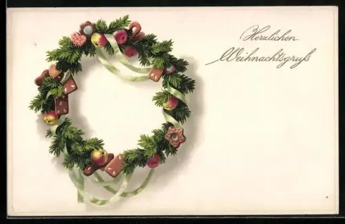 AK Weihnachtskranz mit Lebkuchen und Äpfeln
