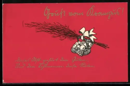 AK Gruss vom Krampus, Rute mit Naschkorb