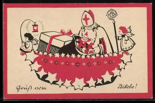 AK Nikolo mit Engeln bringt Geschenke