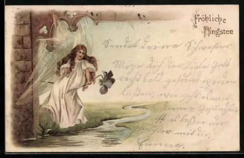 Lithographie Pfingsten, Mädchen fliegt auf einem Blumenstengel über einen Fluss