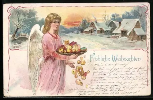 Lithographie Weihnachtsengel mit Lebkuchenteller vor verschneiten Häusern