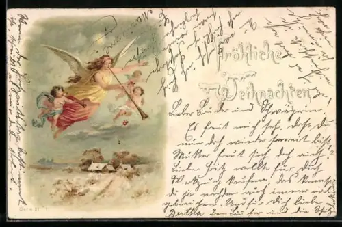 Lithographie Weihnachtsengel mit Trompeten in den Lüften