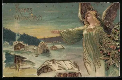 Präge-AK Weihnachtsengel über Dorf im Winter