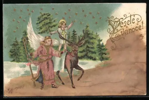 Präge-Lithographie Christkind mit Tannenbaum auf einem Hirsch unterwegs, Weihnachten