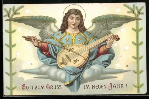 AK Neujahrsengel mit Laute, Gott zum Gruss