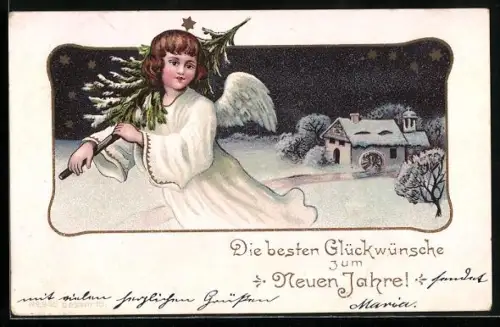 Lithographie Neujahrsengel mit Tannenbäumchen über einer Kirche im Schnee
