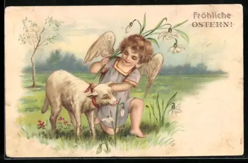 Lithographie Fröhliche Ostern!, Osterengel und Lamm, Schneeglöckchen