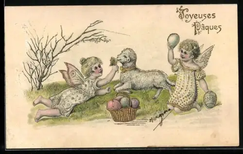 Präge-AK Osterengel spielen mit Ostereiern und Lamm