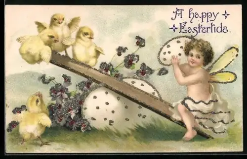 AK Osterküken auf der Wippe, A happy Eastertide