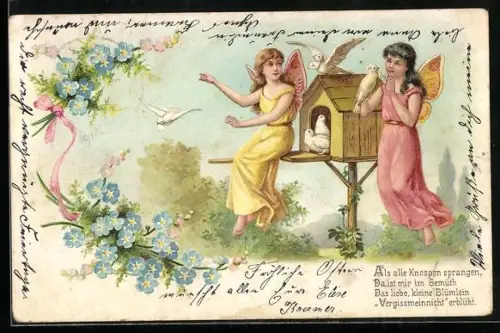 Lithographie Osterengel mit Brieftauben vor dem Taubenschlag, Vergissmeinnicht