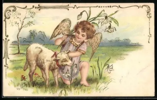 Präge-AK Fröhliche Ostern!, Osterengel und Lamm, mit Schneeglöckchen