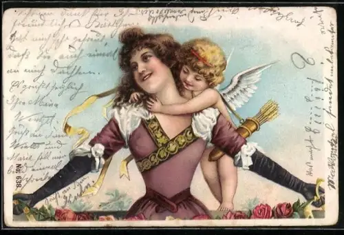 Lithographie Junge Dame mit Amor auf dem Rücken