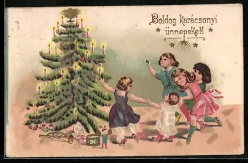 Präge-AK Kinder tanzen um den Weihnachtsbaum, Weihnachtsgruss