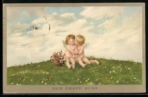 AK Der erste Kuss, zwei Engel auf der Wiese