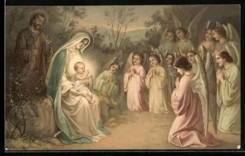 AK Maria & Josef mit Jesuskind, von Weihnachtsengeln umringt