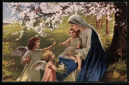 AK Maria mit Jesus als Knabe, Vogel und Engeln unter einem blühenden Baum