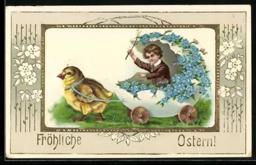 AK Osterküken zieht Eierschalen-Wagen mit Vergissmeinnicht