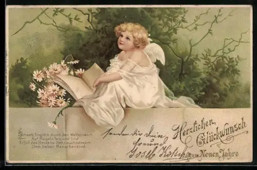 AK Neujahrsengel sitzt auf der Mauer mit einem Buch