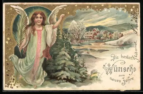 Lithographie Neujahrsengel und Winterlandschaft mit Häusern