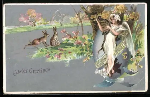 AK Easter Greetings, Osterengel und Hasen