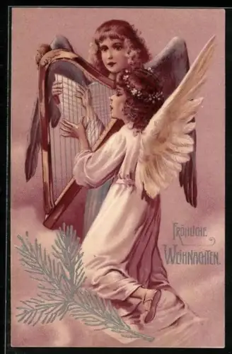 Präge-AK Zwei Weihnachtsengel mit Harfe und Gesangsbuch