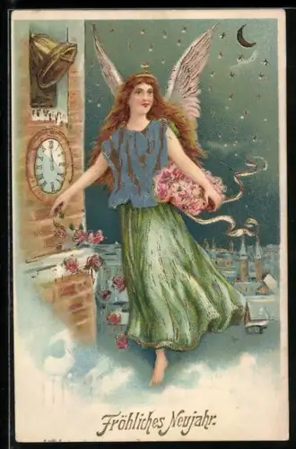 Präge-AK Neujahrsengel verstreut Rosen über einer verschneiten Stadt